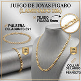 Juego de joyas El Rey Joyero con cadena y pulsera estilo Figaro en baño de oro 18k con eslabones 3x1