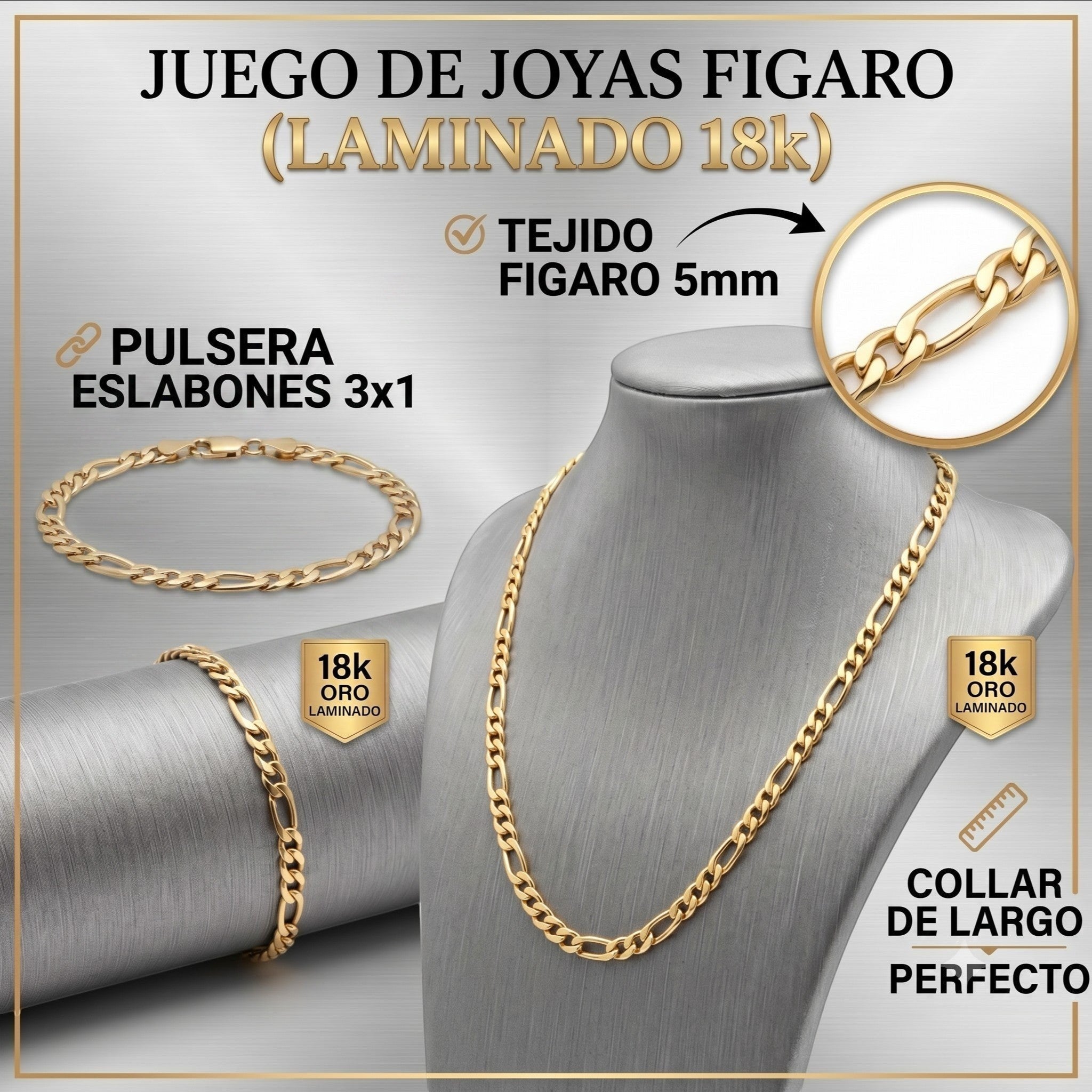 Juego de joyas El Rey Joyero con cadena y pulsera estilo Figaro en baño de oro 18k con eslabones 3x1