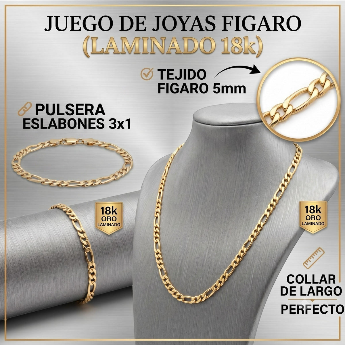 Juego de joyas El Rey Joyero con cadena y pulsera estilo Cartier de eslabones Figaro en oro laminado de 18k.