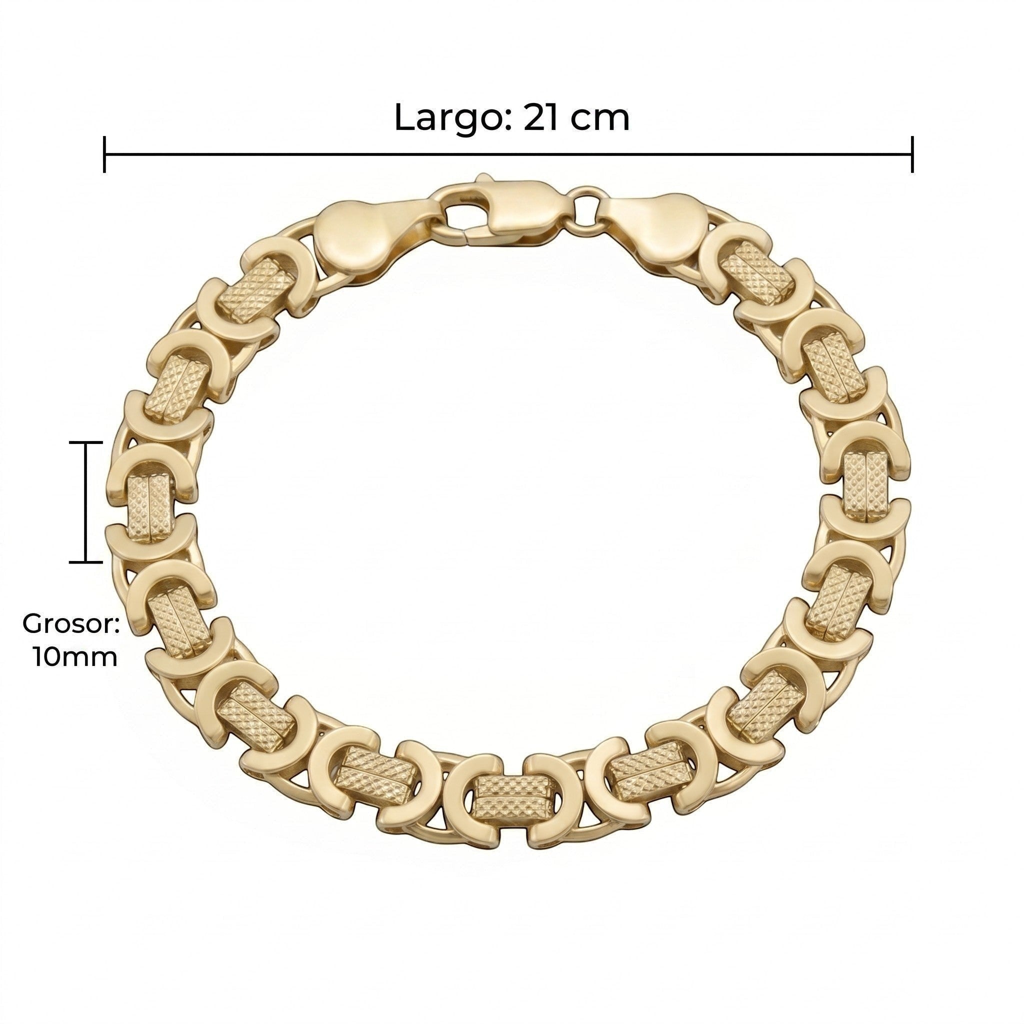 Pulsera tipo bizantino de El Rey Joyero en oro laminado de 21 cm de largo y 10 mm de grosor con eslabones detallados
