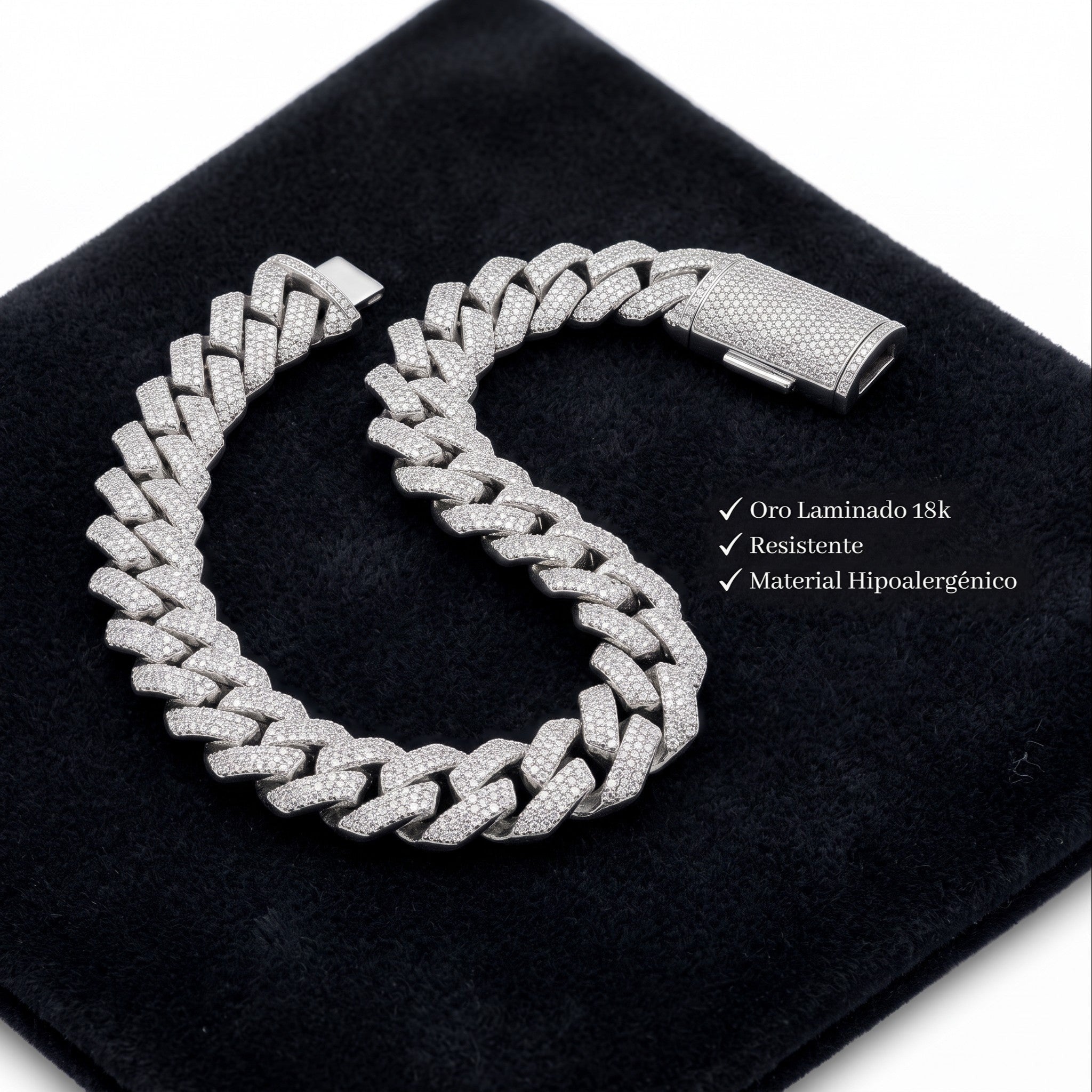 Pulsera Miami Cubano El Rey Joyero de oro laminado blanco 18k con zirconias 5A y broche de caja premium