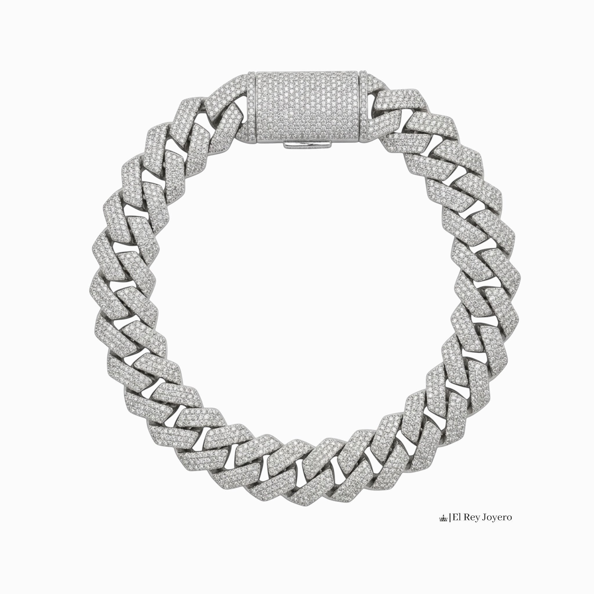 Pulsera Miami Cubana de El Rey Joyero en oro laminado blanco 18k con zirconias 5A y broche de caja premium.