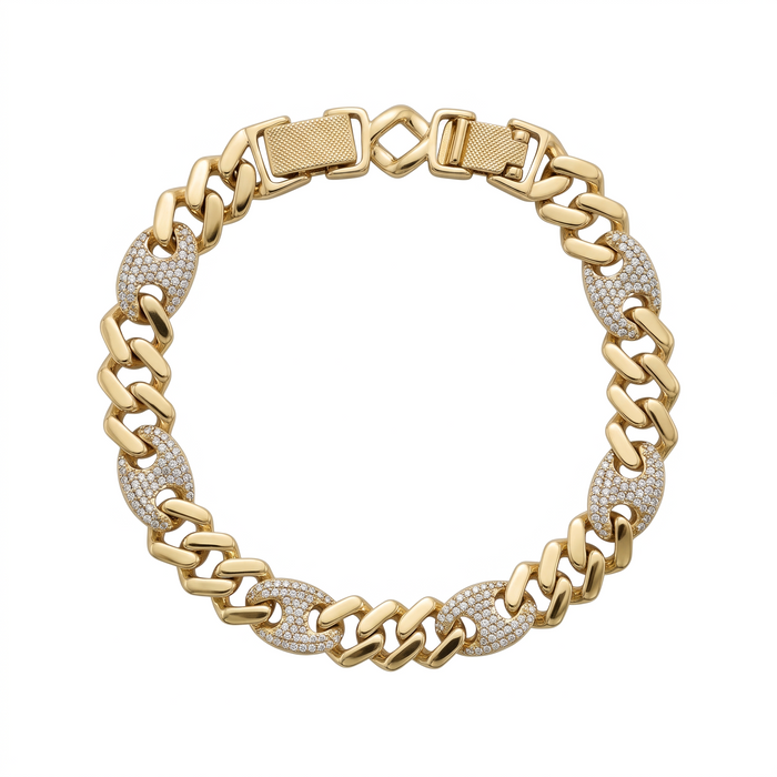 Pulsera El Rey Joyero estilo figaro 3-1 bitono en oro laminado 18k con eslabones brillantes y broche de caja seguro.