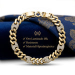 Pulsera El Rey Joyero estilo fígaro 3-1 bitono en oro laminado 18k con eslabones brillantes y broche de caja seguro