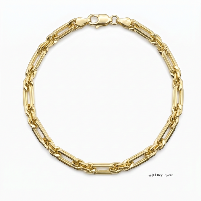 Pulsera estilo Fígaro de El Rey Joyero en oro laminado 18k de 5mm con broche de perico sobre fondo blanco