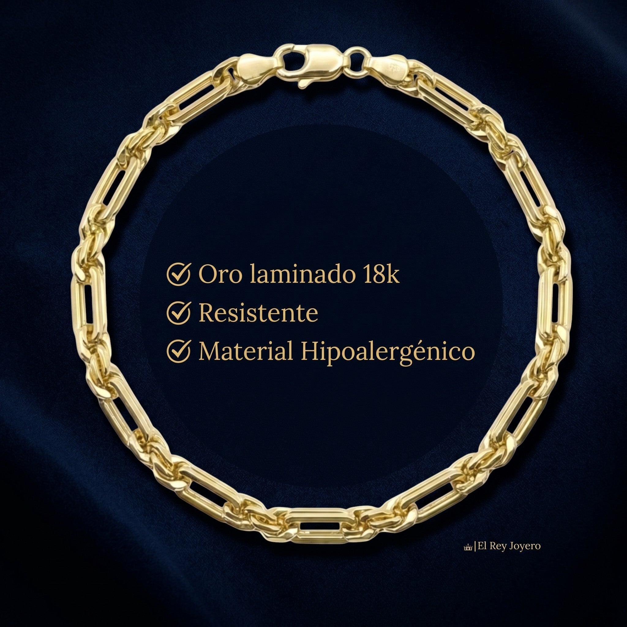 Pulsera El Rey Joyero estilo Fígaro en oro laminado 18k de 5mm con broche de perico sobre fondo azul marino