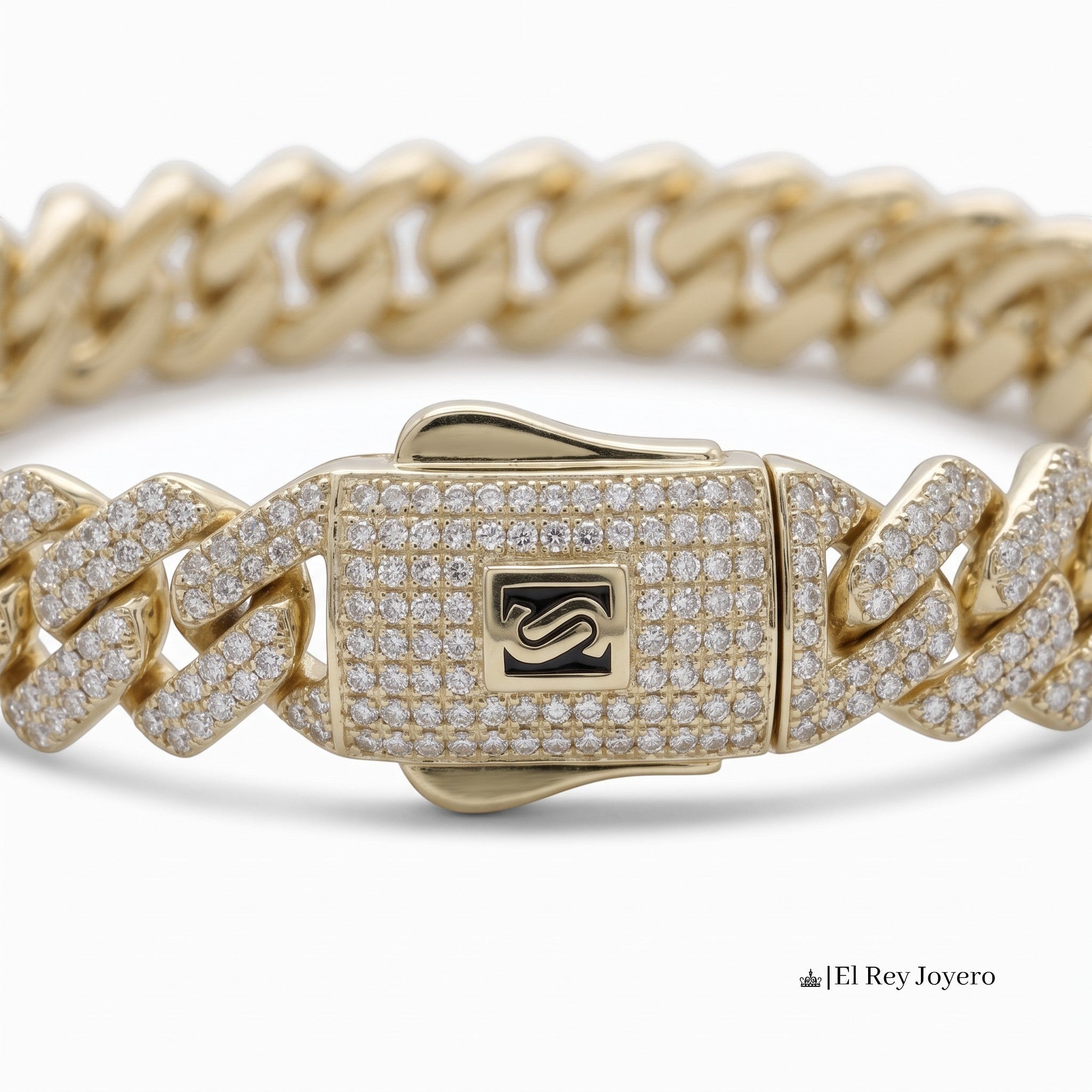 Pulsera Mónaco Chain Diamantado de El Rey Joyero en oro con eslabones cubanos y cierre pavé de diamantes