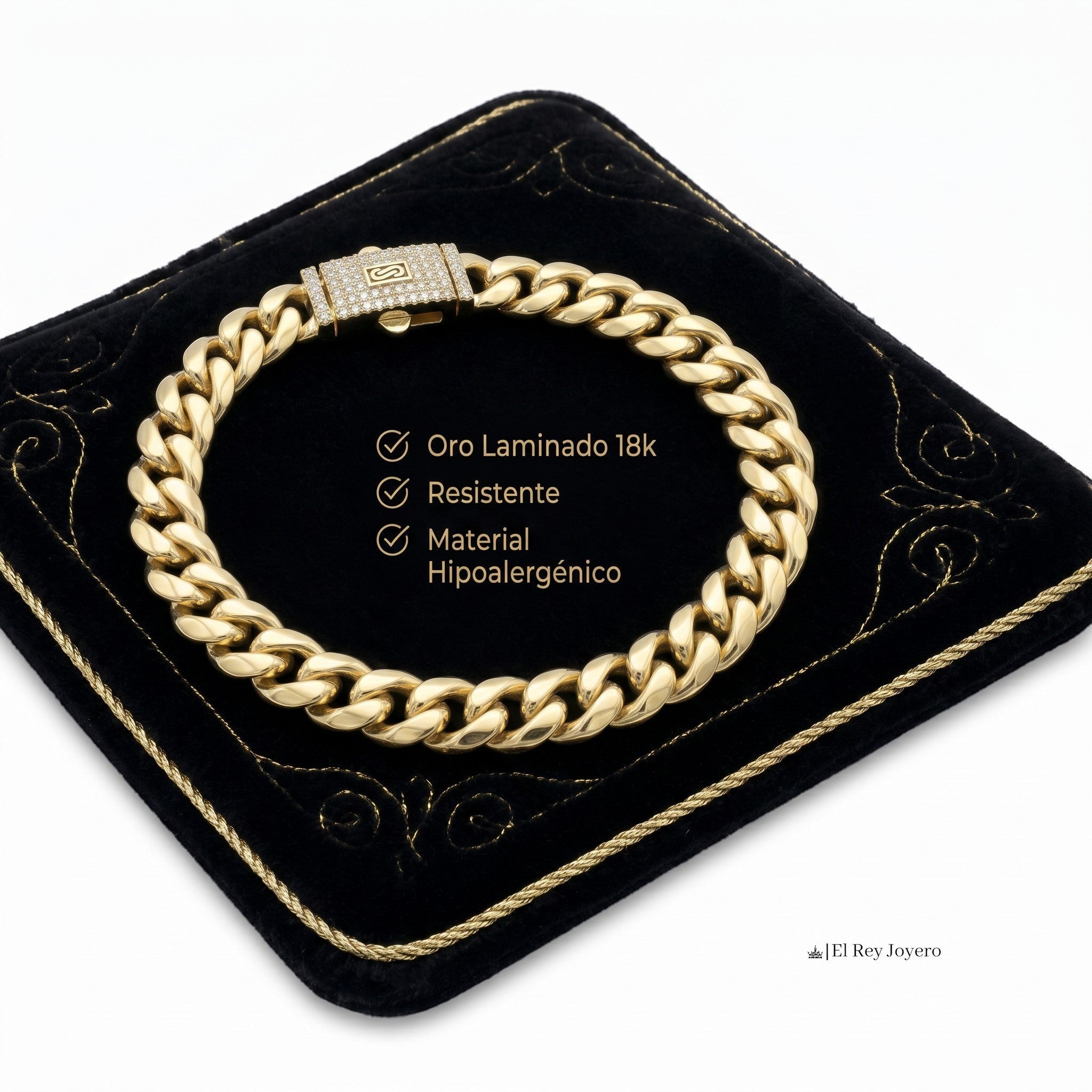 Pulsera Mónaco de El Rey Joyero en oro laminado 18k con eslabones gruesos y broche de caja con circonitas brillantes.