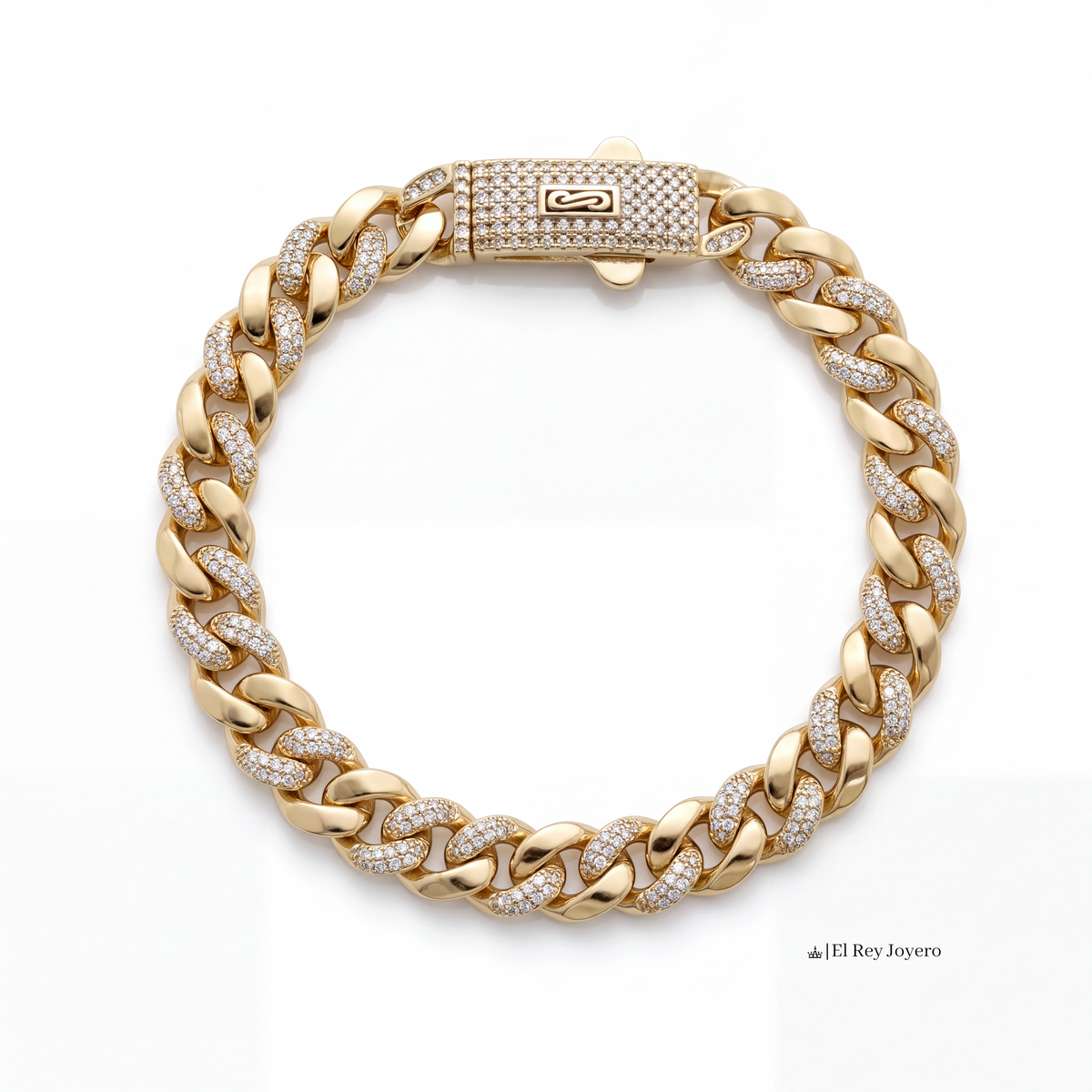 Pulsera El Rey Joyero Mónaco bitono en oro laminado 18k con eslabones cubanos e incrustaciones de circonitas 5A