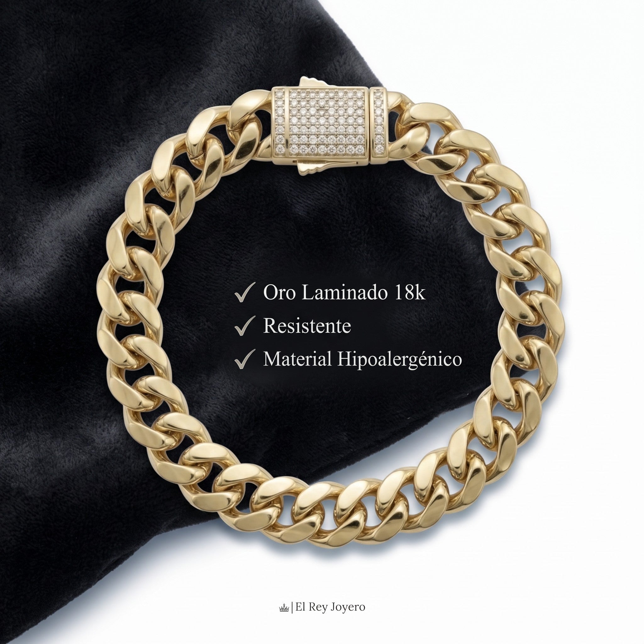 Pulsera Mónaco de El Rey Joyero en oro laminado 18k con eslabones gruesos y broche pavé sobre fondo de terciopelo negro