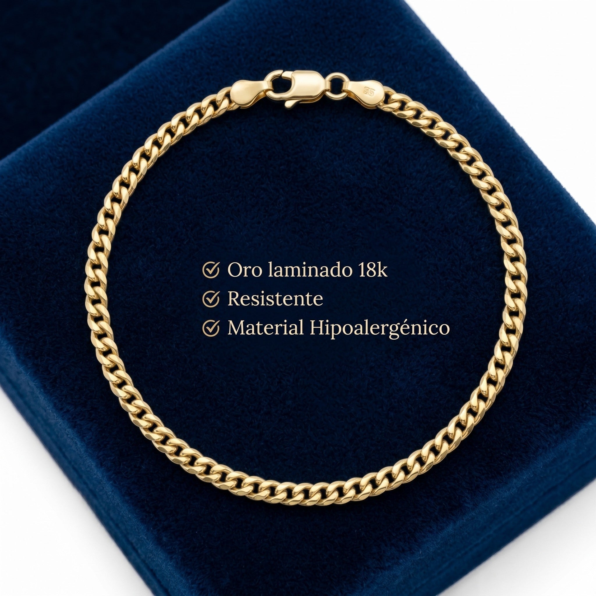 Pulsera tipo Mónaco de El Rey Joyero en oro laminado 18k de 5mm sobre estuche de terciopelo azul