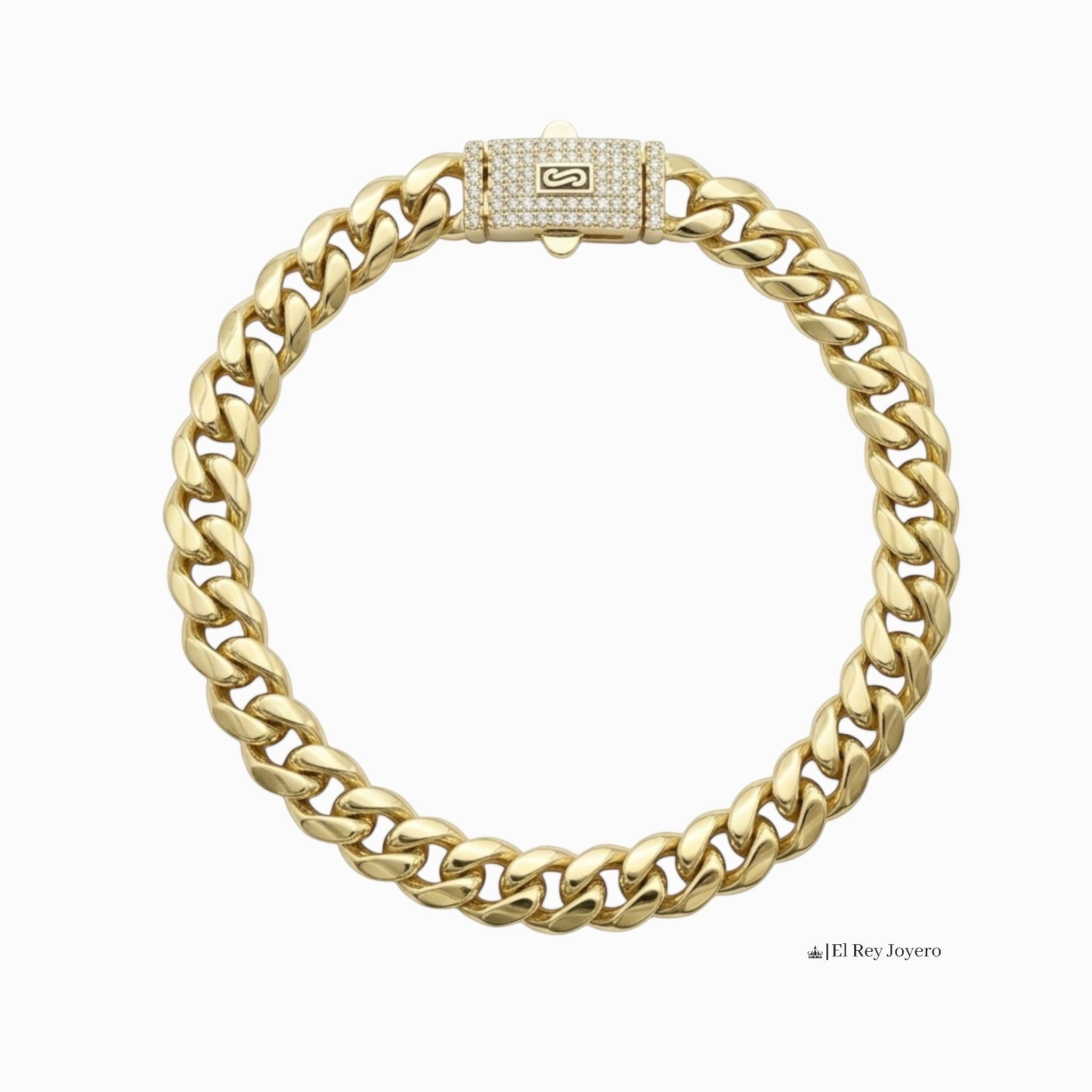 Pulsera El Rey Joyero estilo Mónaco en oro laminado 18k con eslabones gruesos y broche de caja con circonitas.