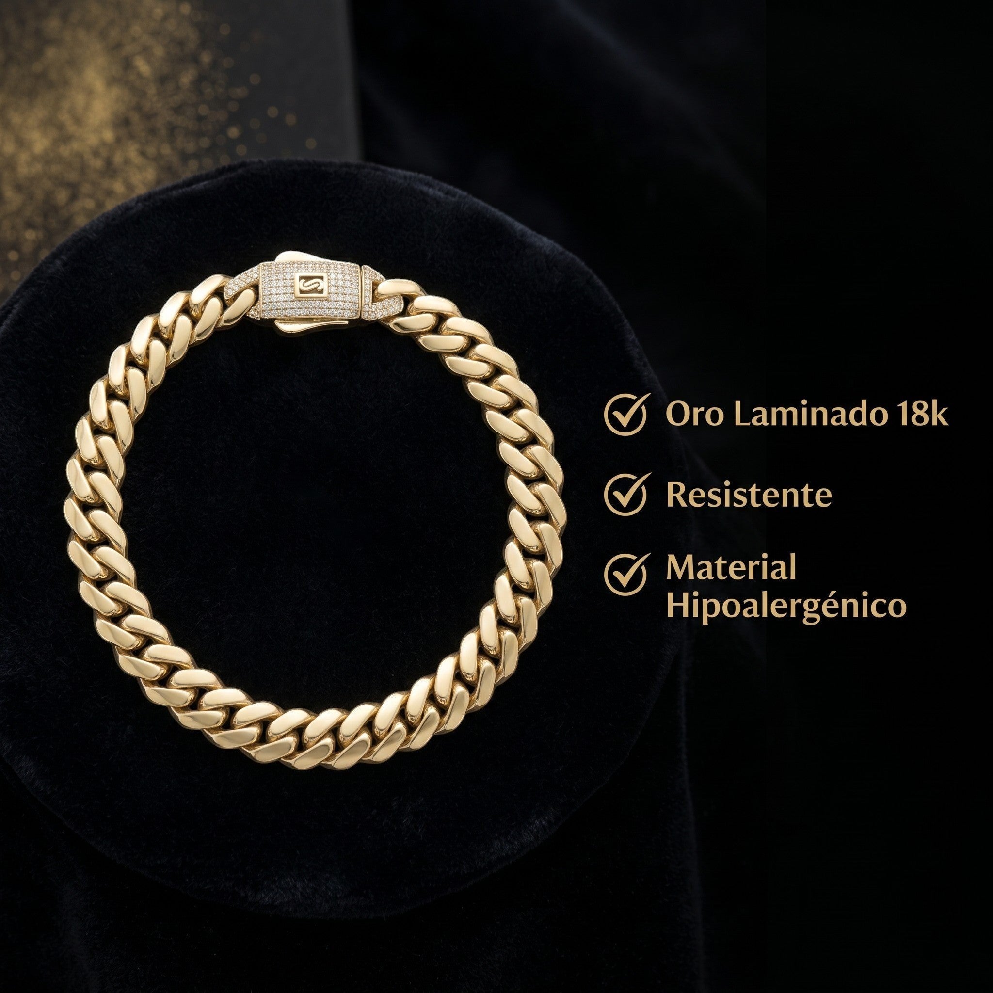 Pulsera Monaco El Rey Joyero de oro laminado 18k con eslabones gruesos y broche de caja con circonitas brillantes