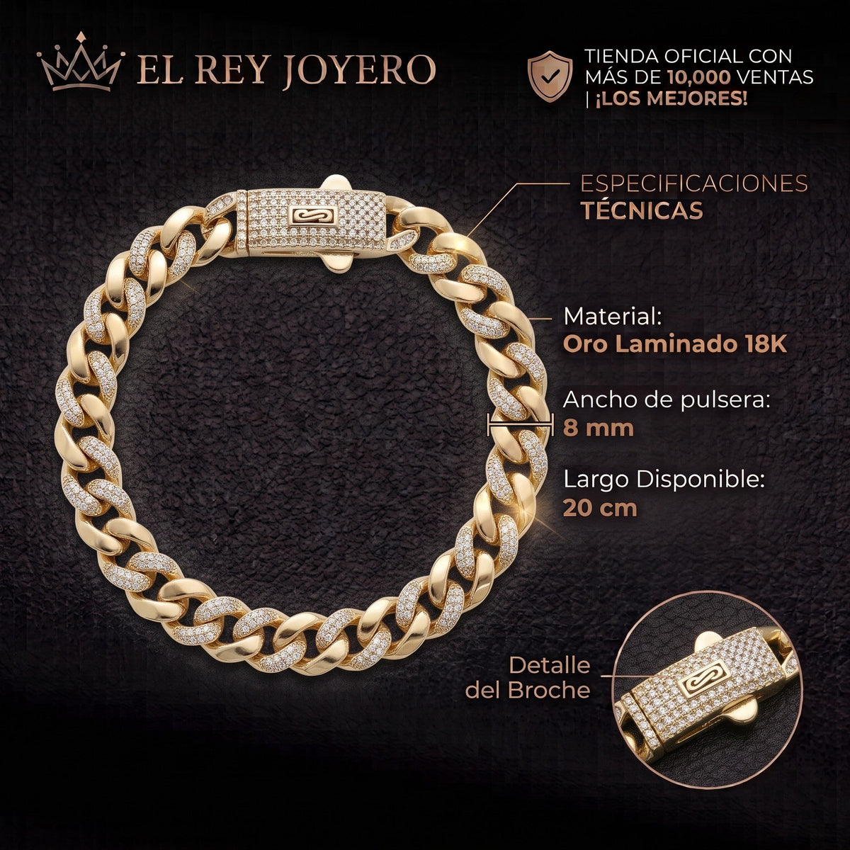 Pulsera El Rey Joyero estilo Mónaco en oro laminado 18k con eslabones cubanos y circonitas brillantes.