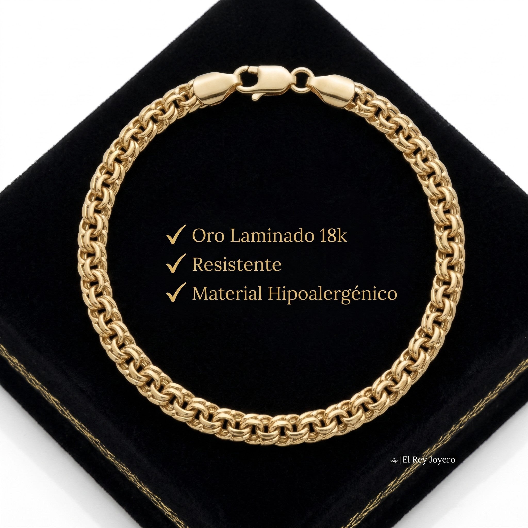 Pulsera de eslabones estilo chino en oro laminado 18k de El Rey Joyero sobre estuche negro