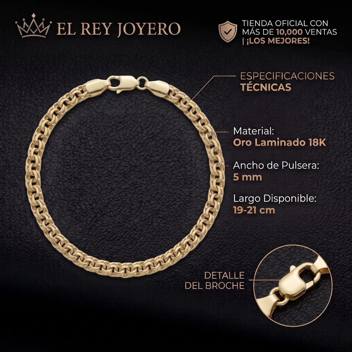 Pulsera de eslabones estilo chino en oro laminado 18k de El Rey Joyero con broche de perico y 5 mm de ancho.