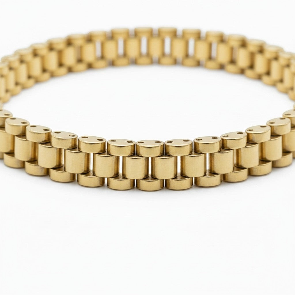 Pulsera El Rey Joyero estilo Rolex en oro laminado 18k con eslabones clásicos de 10mm de ancho