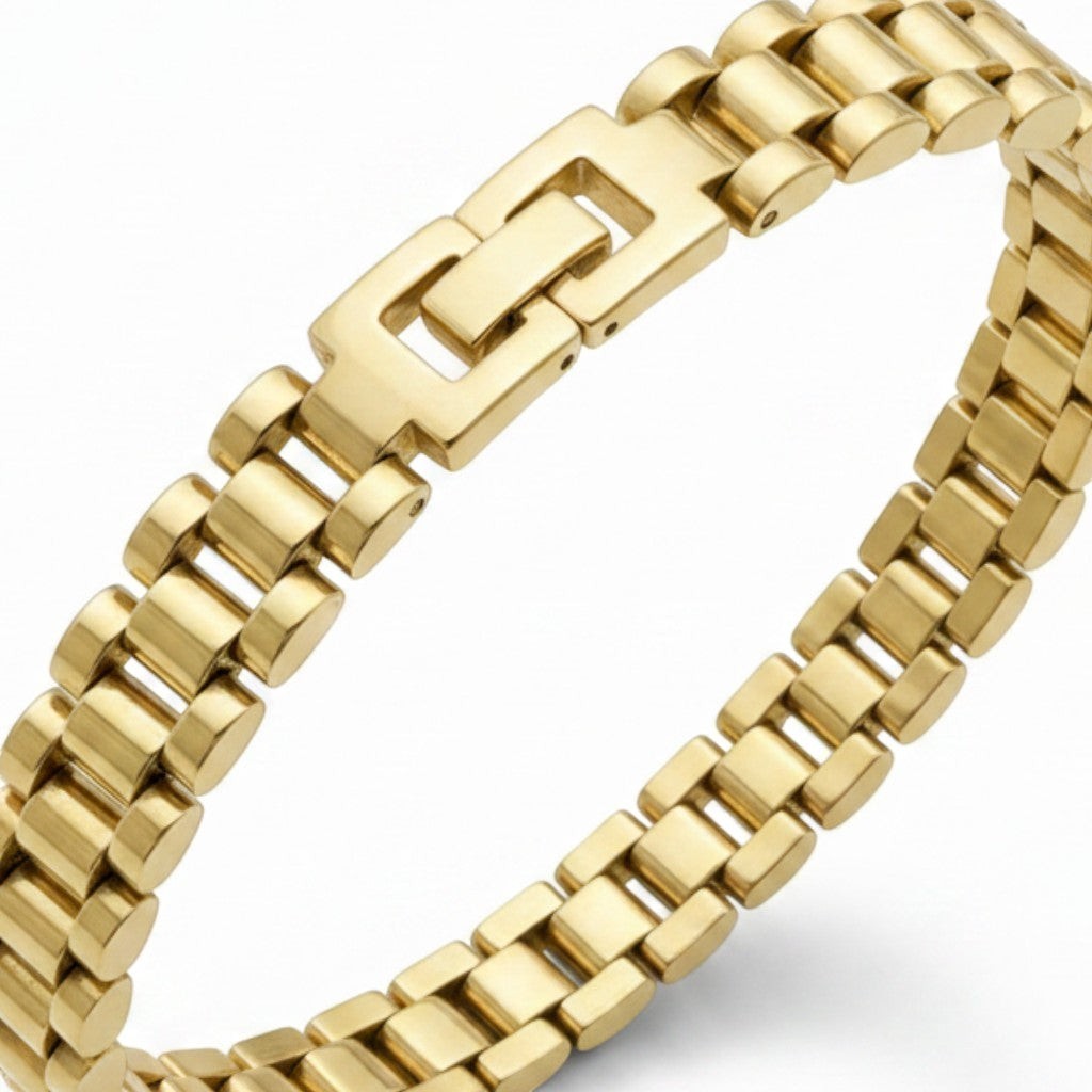Pulsera El Rey Joyero estilo Rolex en oro laminado 18k con eslabones clásicos y broche de caja seguro.