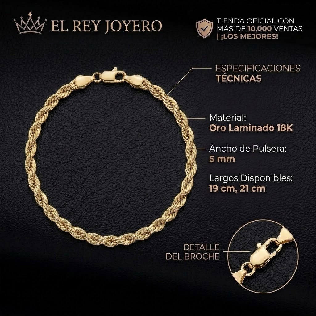 Pulsera tipo torzal de 5mm en oro laminado 18k con broche de perico, de la marca El Rey Joyero.