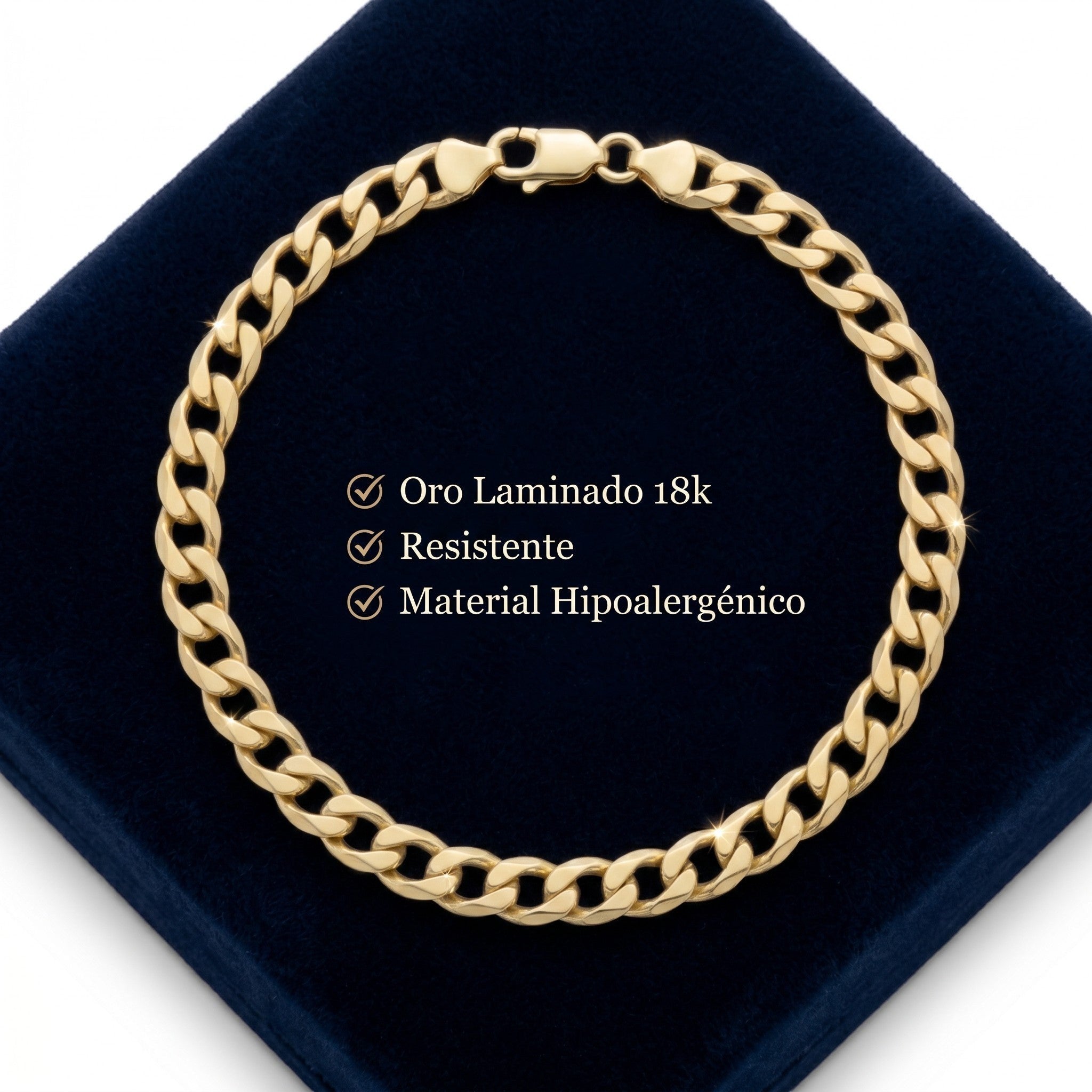 Pulso Barbado El Rey Joyero de oro laminado 18k con eslabones de 7mm sobre estuche de terciopelo azul marino.