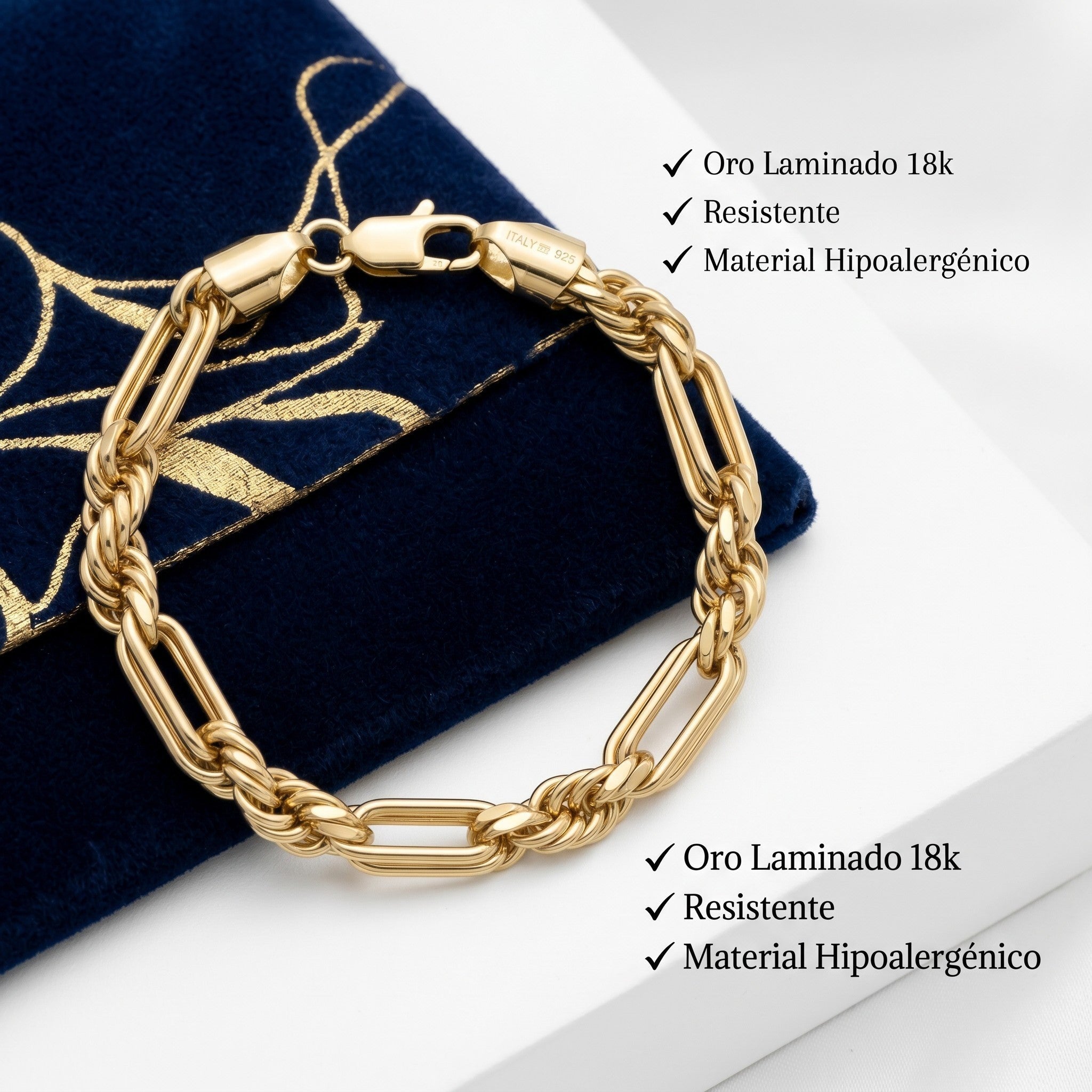 Pulso Fígaro grueso de El Rey Joyero en oro laminado 18k con eslabones resistentes sobre estuche azul premium.