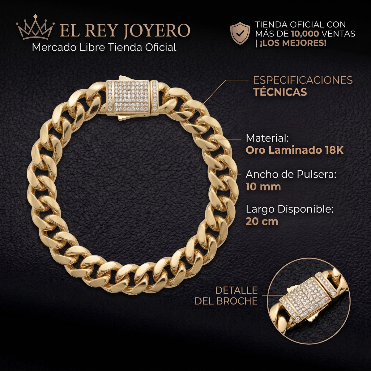 Pulso Mónaco de El Rey Joyero en oro laminado 18k con eslabones gruesos y broche pavé brillante sobre fondo negro.