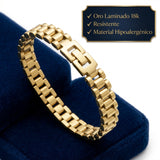 Pulso estilo Rolex de El Rey Joyero en oro laminado 18k, diseño de eslabones sobre estuche de terciopelo azul.