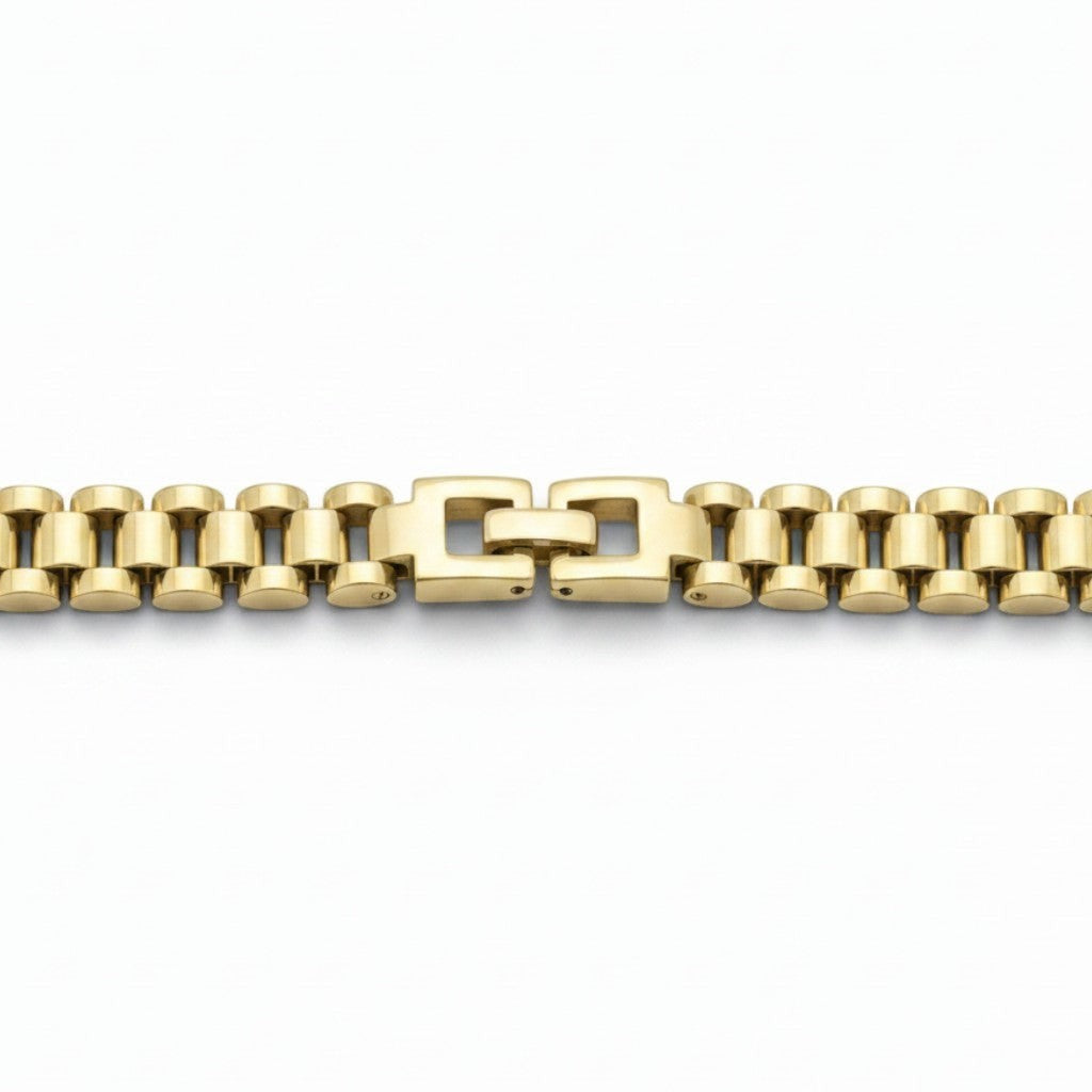 Pulso estilo Rolex de El Rey Joyero en oro laminado 18k con eslabones clásicos y broche de caja seguro.