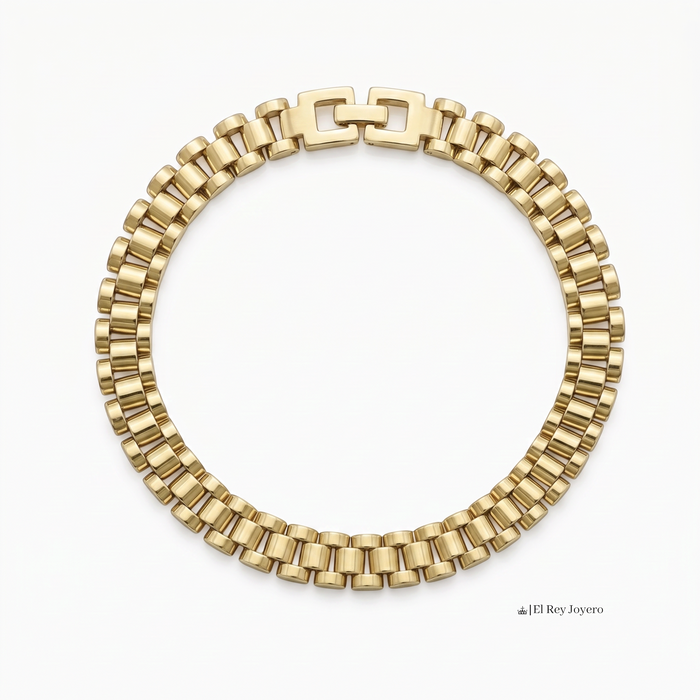 Pulso El Rey Joyero estilo Rolex de oro laminado 18k con eslabones clásicos y broche de caja en tono dorado brillante.