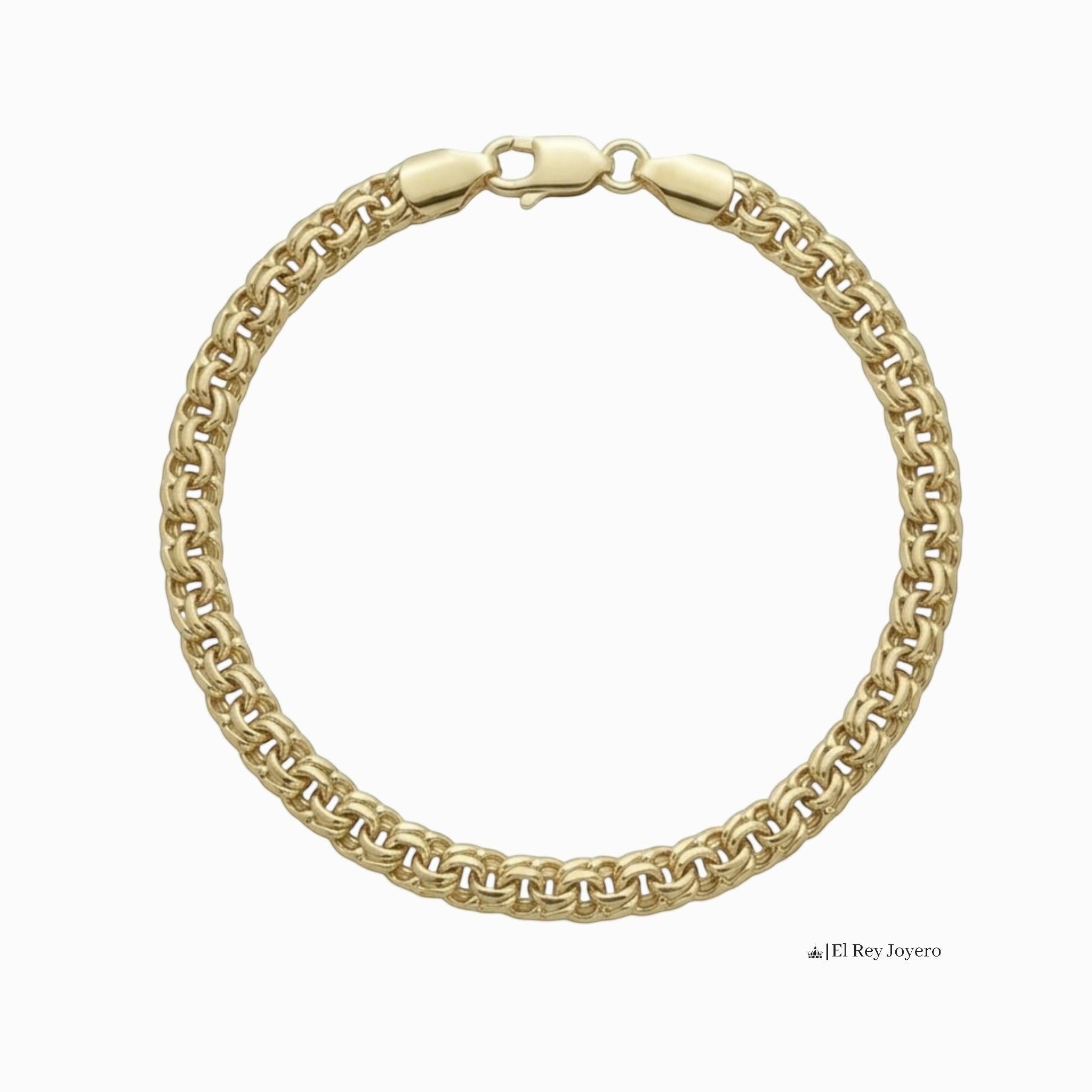 Pulso tejido chino de El Rey Joyero en oro laminado 18k de 5 mm con broche de perico, diseño elegante y brillante.