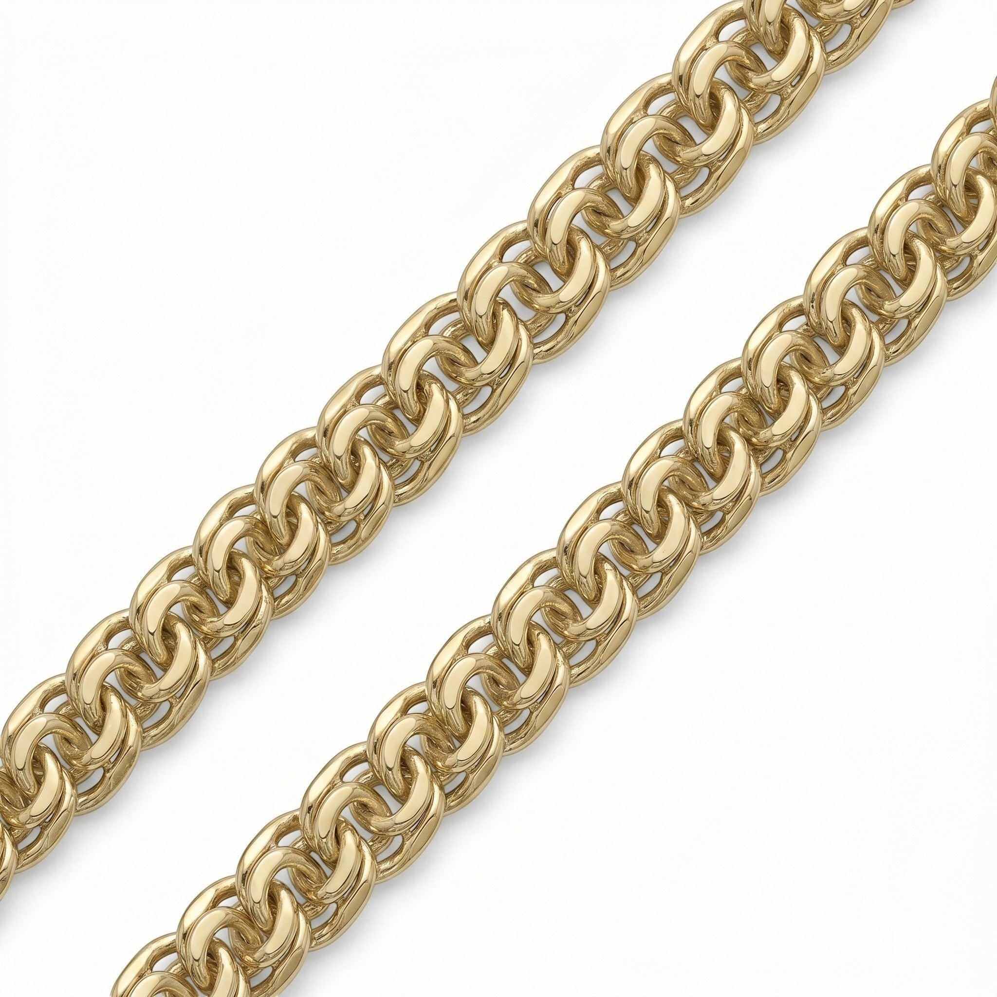 Pulso tejido chino grueso de 8mm en oro laminado 18k de El Rey Joyero con eslabones entrelazados brillantes