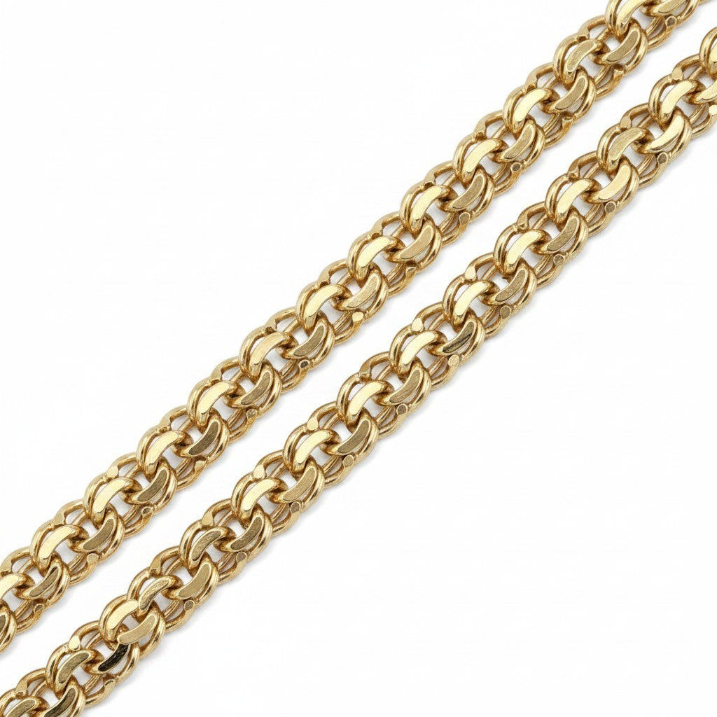 Pulso El Rey Joyero de tejido chino grueso en oro laminado 18k con eslabones detallados de 8mm de ancho.