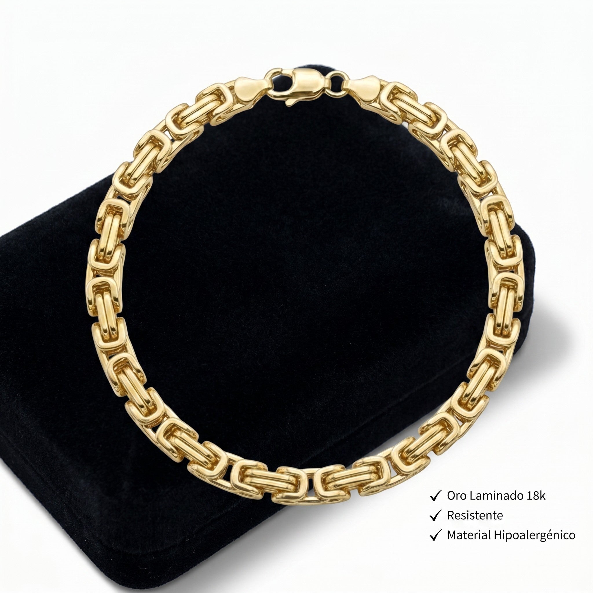Pulso tejido romano de El Rey Joyero en oro laminado 18k con eslabones bizantinos sobre estuche negro
