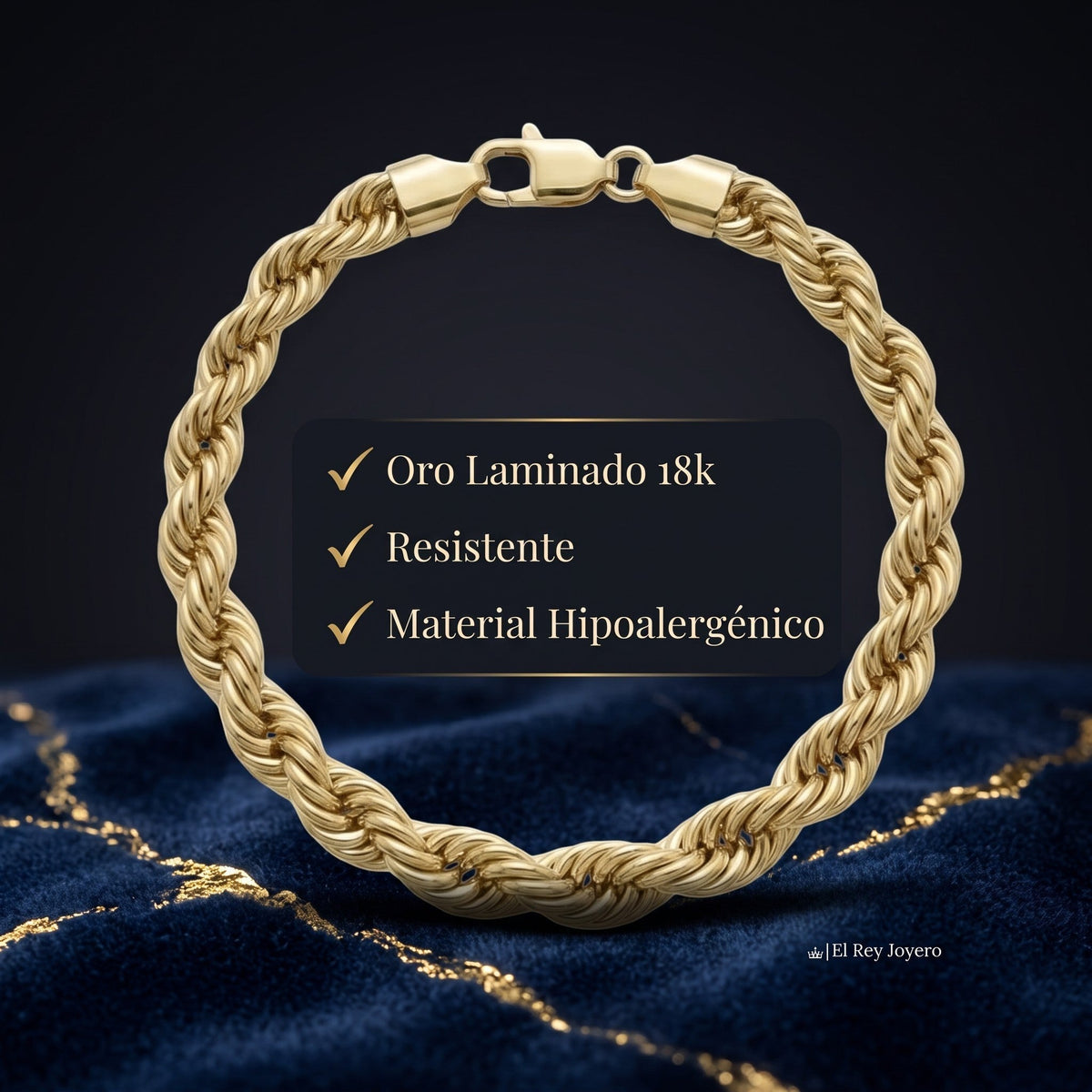 Pulso torzal grueso de 8mm en oro laminado 18k de El Rey Joyero sobre fondo azul con detalles de texto informativo