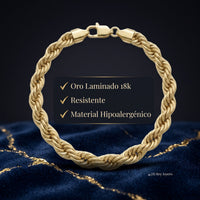 Pulso torzal grueso de 8mm en oro laminado 18k de El Rey Joyero sobre fondo azul con detalles de texto informativo