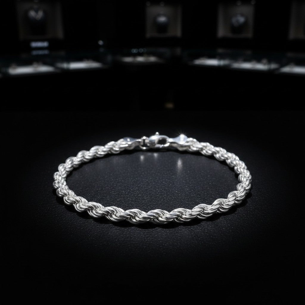 Pulso torzal de 6mm en plata .925 sólida de El Rey Joyero con diseño italiano brillante sobre fondo negro.