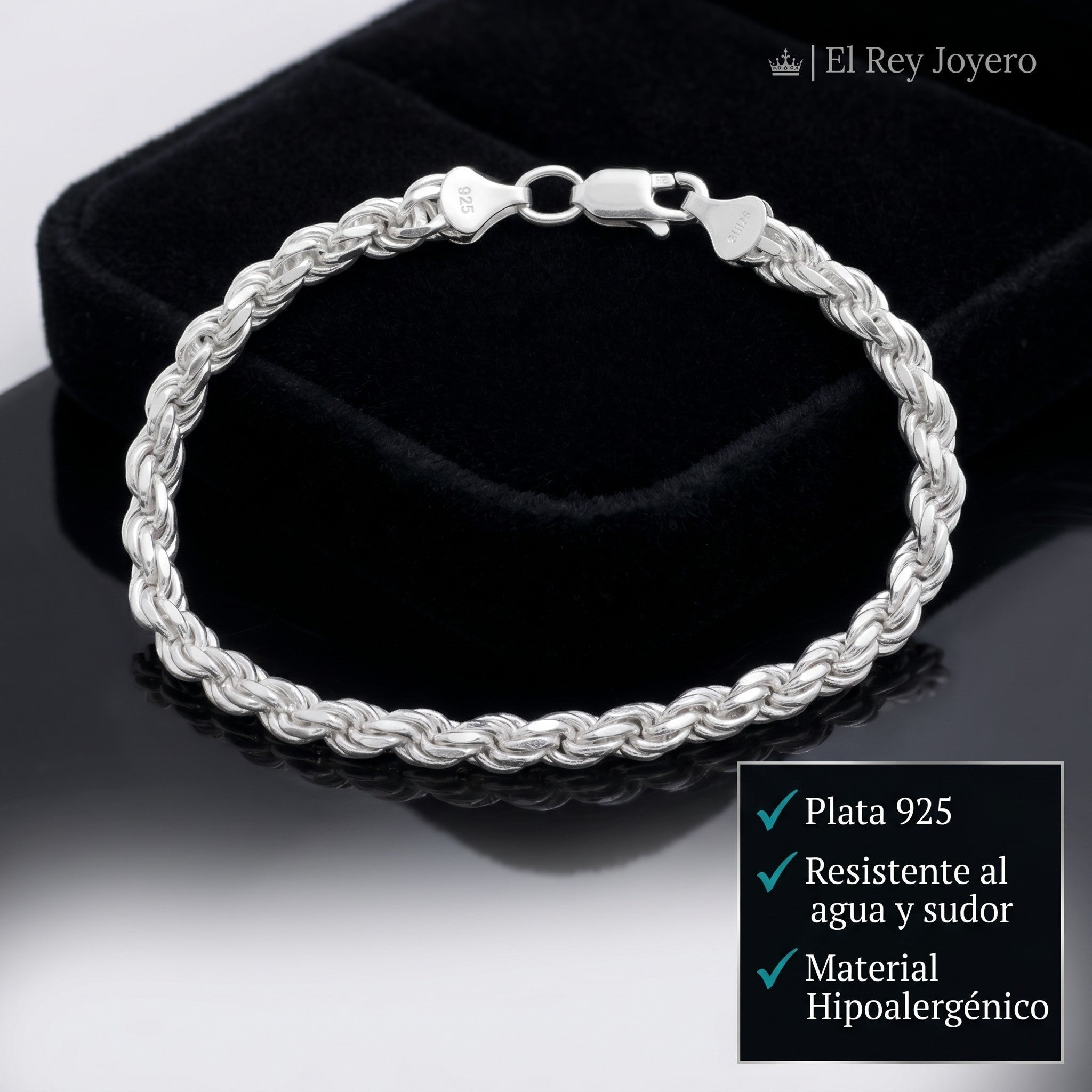 Pulso torzal de 6mm en plata .925 sólida de El Rey Joyero con acabado brillante y cierre de mosquetón seguro.
