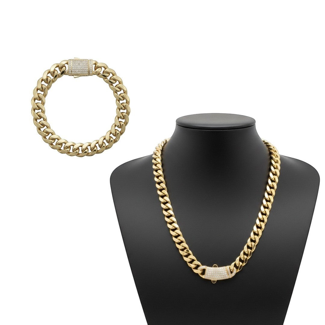 Set de cadena y pulsera estilo cubano El Rey Joyero con baño de oro 18k y broche con incrustaciones de cristales