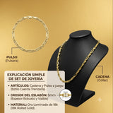 Set de joyería El Rey Joyero con cadena y pulsera estilo Fígaro en oro laminado de 18k sobre expositor negro