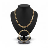 Set de cadena y pulsera Cartier de El Rey Joyero en baño de oro 18k con eslabones estilo figaro sobre exhibidor negro