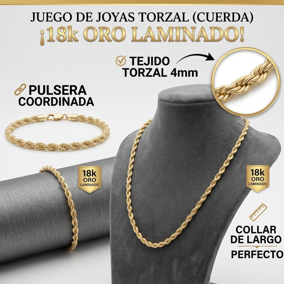 Juego de cadena y pulsera torzal de El Rey Joyero en baño de oro 18k con diseño de cuerda de 4mm