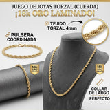 Juego de cadena y pulsera torzal de El Rey Joyero en baño de oro 18k con diseño de cuerda de 4mm