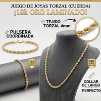 Juego de cadena y pulsera torzal de El Rey Joyero en baño de oro 18k con diseño de cuerda de 4mm